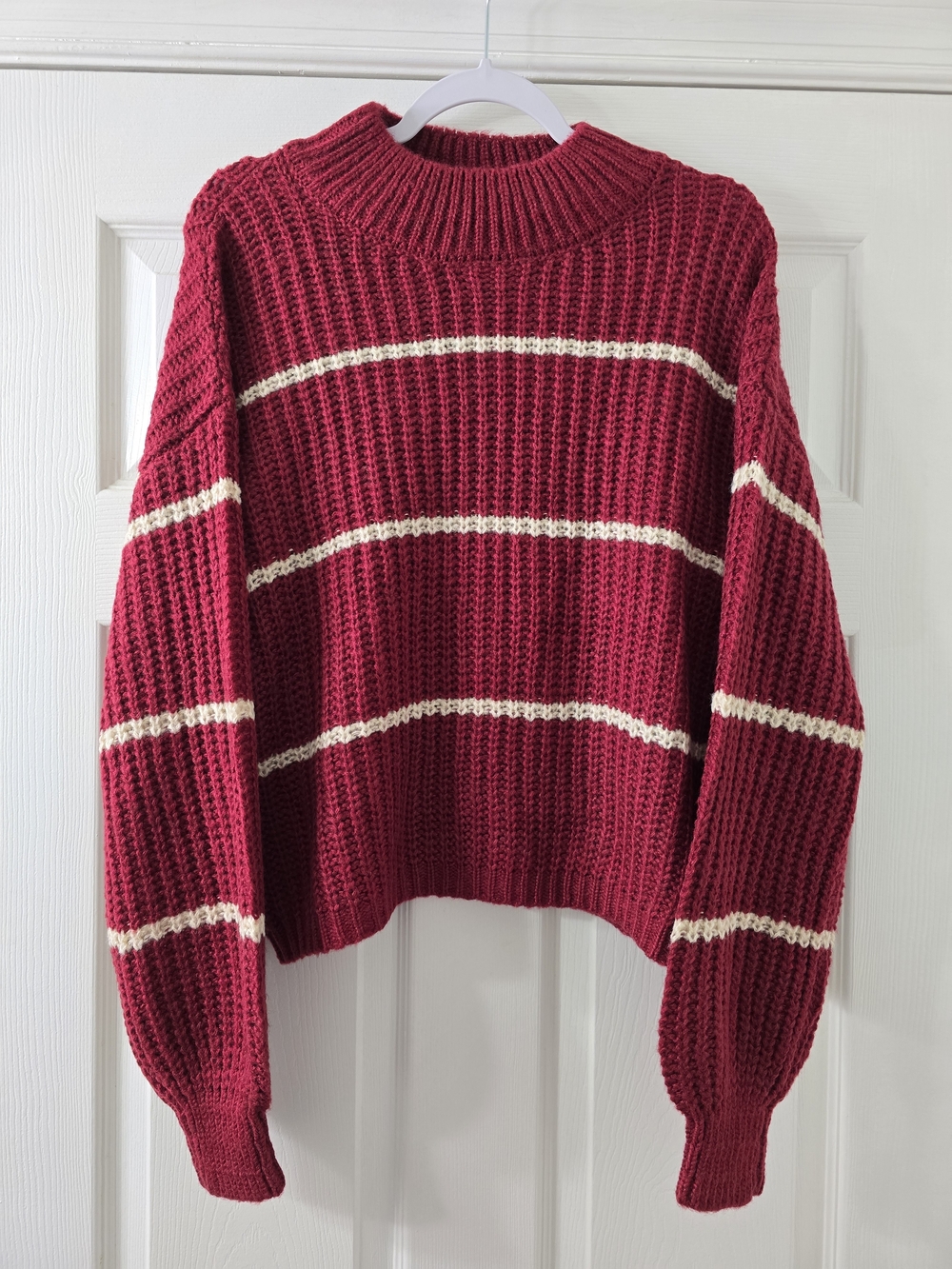 Zenana Outfitters Berry Red Cropped Turtleneck Sweater w/ Cream Stripes - Small
